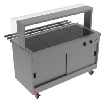Falcon FC4-ST Four Hot Top Servery with Full Height Sneeze Screen, Side Glass, & Trayslide