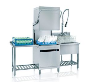 Meiko H500 Hood Type Dishwasher with exit table, sink and pre-rinse spray