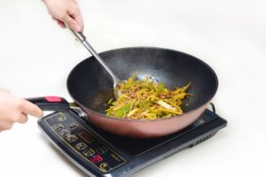 Frying pan on table top induction plate