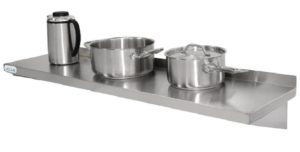 Stainless steel shelf with saucepan, pot and jug on
