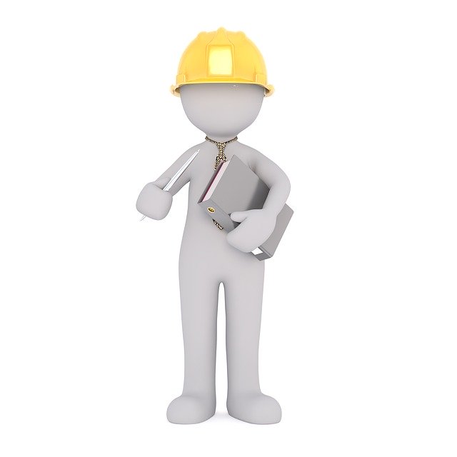 Cartoon figure with clipboard and hardhat