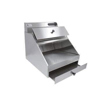 stainless steel chip scuttle with lid and drawer open