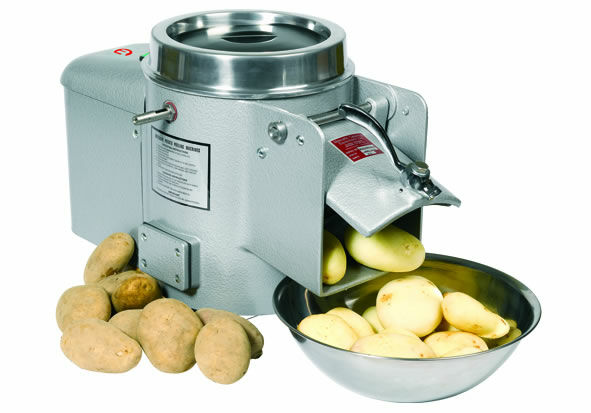 potato peeler with bowl of peeled potatoes