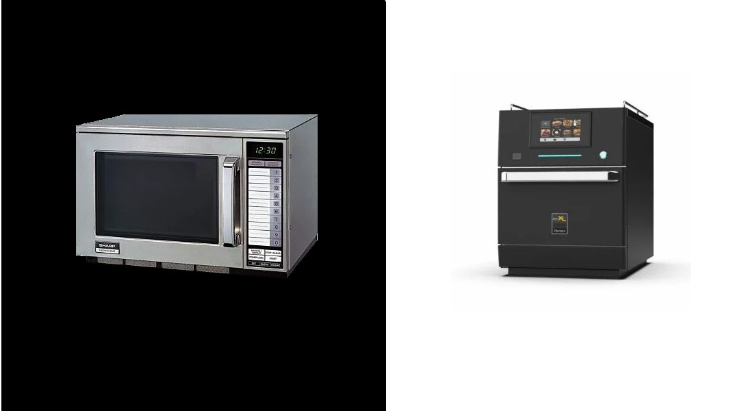 commercial microwave on black background next to high speed oven on white background