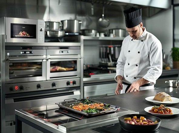 chef in a professional kitchen with equipment and food