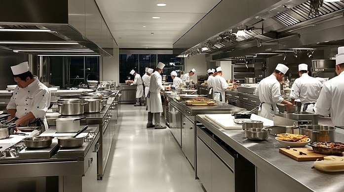 chefs working in a commercial kitchen with stainless steel worktops, catering equipment and extraction