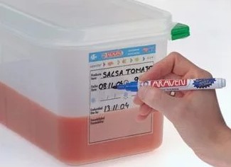 plastic food storage container with food label and pen