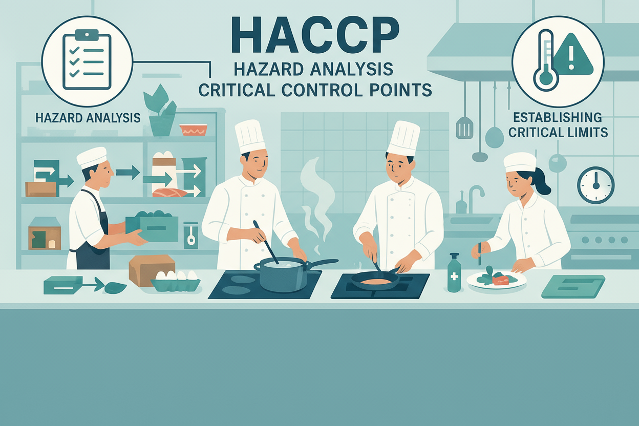 illustration of commercial kitchen and chefs with title HACCP