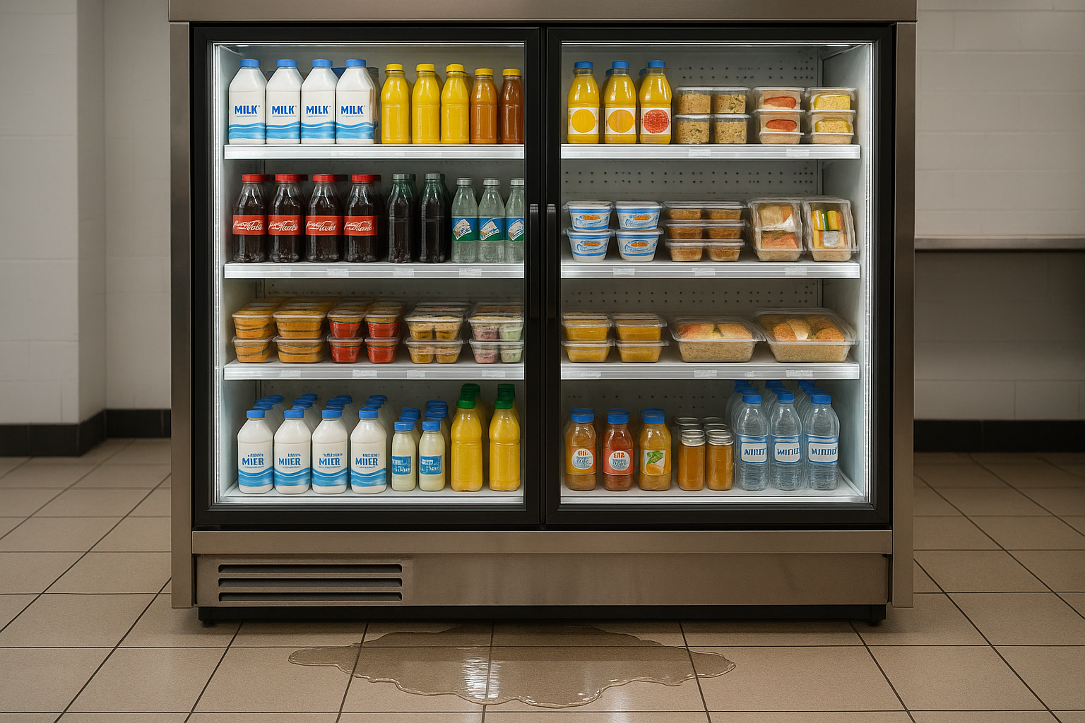 glass door display fridge stocked with produce showing a puddle on floor at base of cabinet
