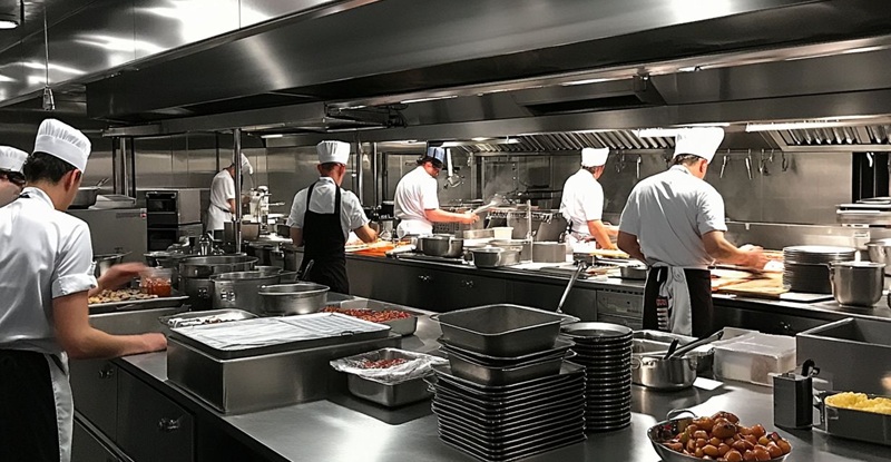 working chefs in kitchen cooking on stainless steel equipment with extraction and cookware