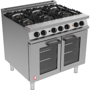 falcon oven range with double glass oven doors and six gas burner cooking top