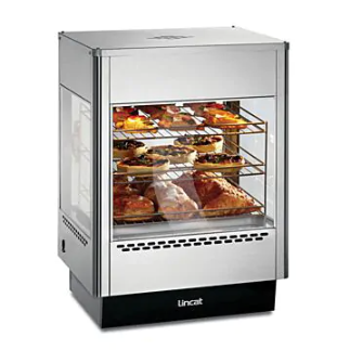 Lincat heated merchandiser cabinet with glass panels and pastries inside