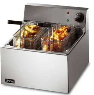 Lincat stainless steel countertop fryer with twin baskets with chips in