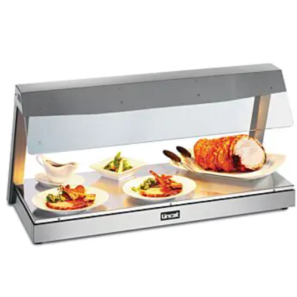 Lincat hot food display with heated plate and lit gantry holding food