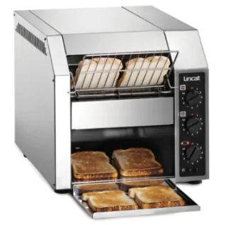 Lincat stainless steel conveyor toaster with fresh bread going in and toast coming out