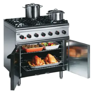 Lincat oven range with saucepans on cooking top and open oven doors with food inside