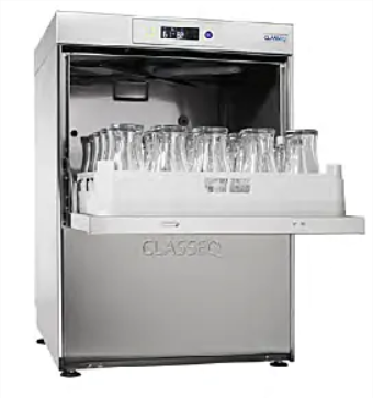 stainless steel glasswasher with open door and basket with glasses