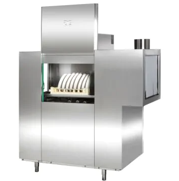 stainless steel conveyor dishwasher with open panel and basket holding dishes