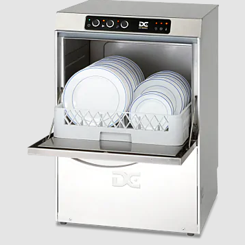 stainless steel undercounter dishwasher with drop down door open and basket with plates