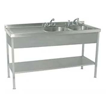 stainless steel double bowl sink with drainer on left side and single undershelf