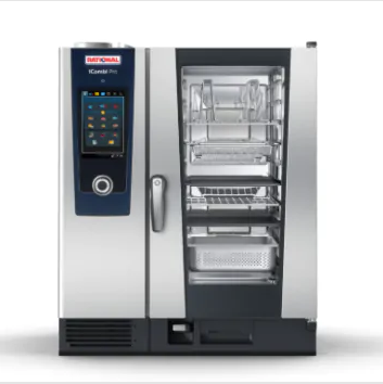 Rational iCombi pro combi oven with touchscreen control and glass door showing shelves and trays inside