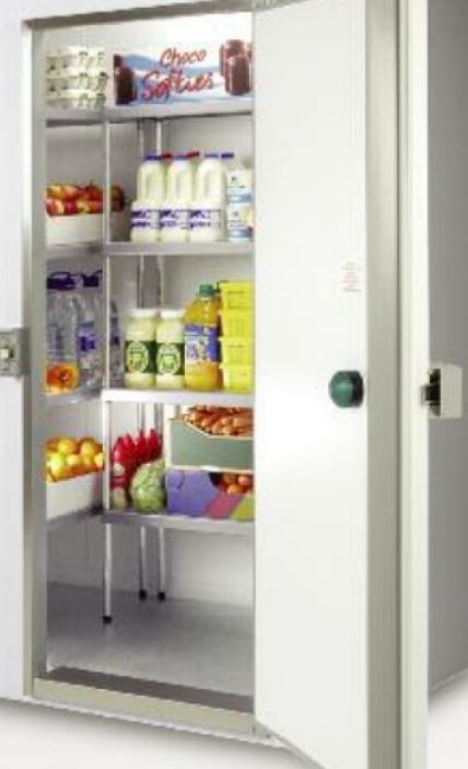 Cold room with hinged door open showing shelving with stock and floor 