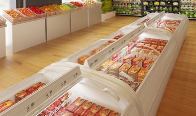 row of island freezers in a shop