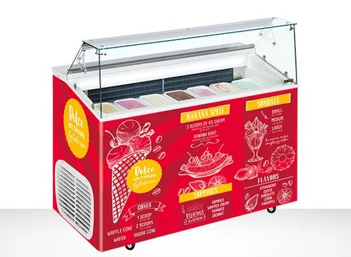 ice cream display freezer with graphics on side